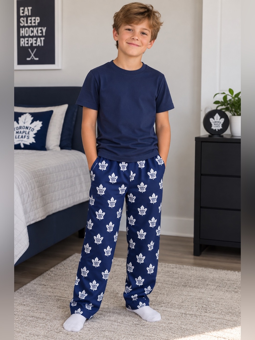 Kids Blue Maple Leaf Print Lounge Pants vintage